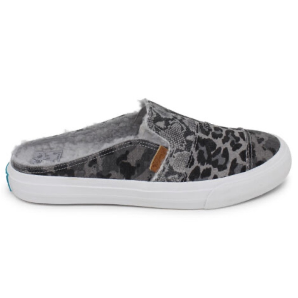 New Blowfish Moki Gray Cheetah Patchwork Fabric Plush Mules Woman’s 8.5